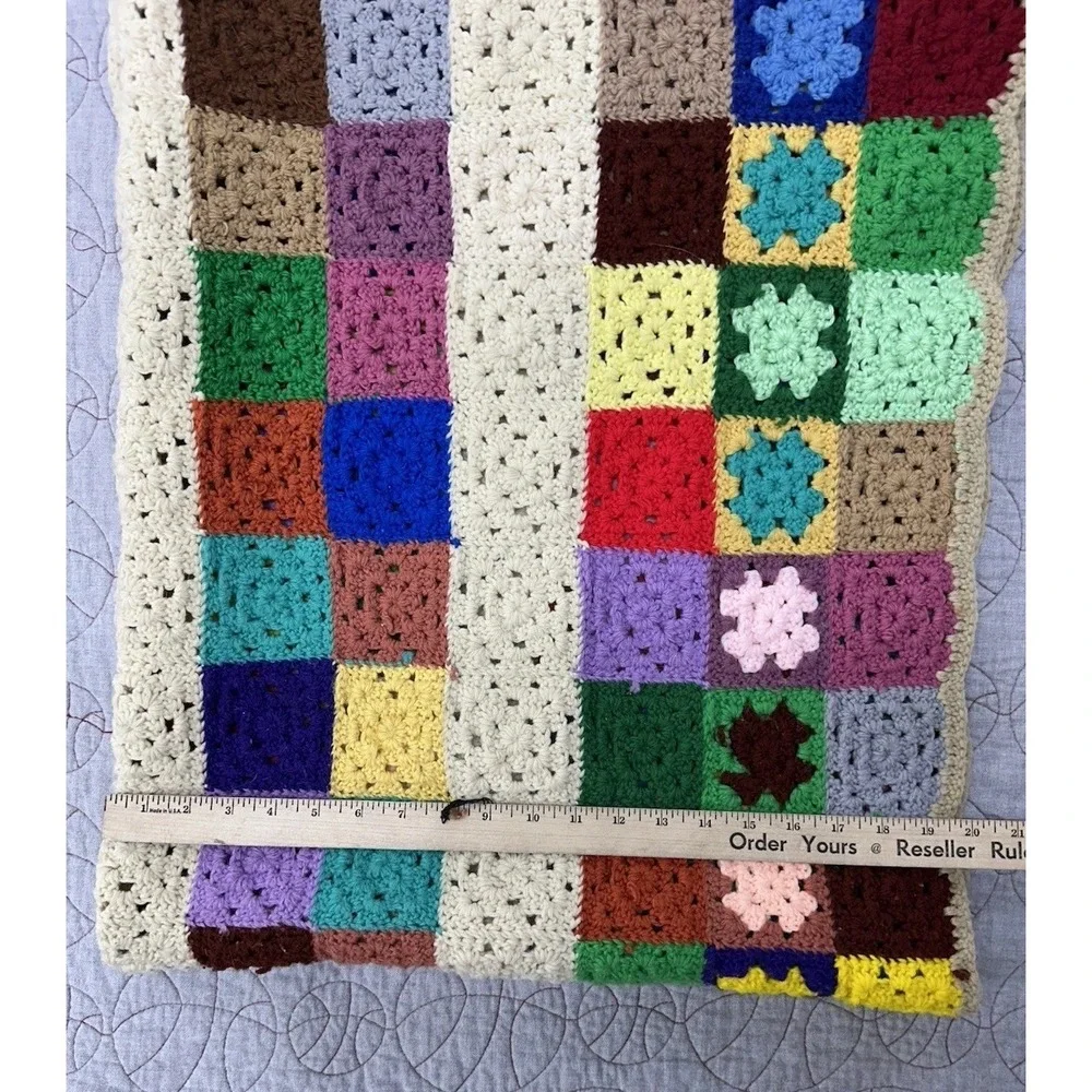 Vintage Handmade Crochet Granny Square Afghan Blanket Multicolor Rainbow‎ Throw